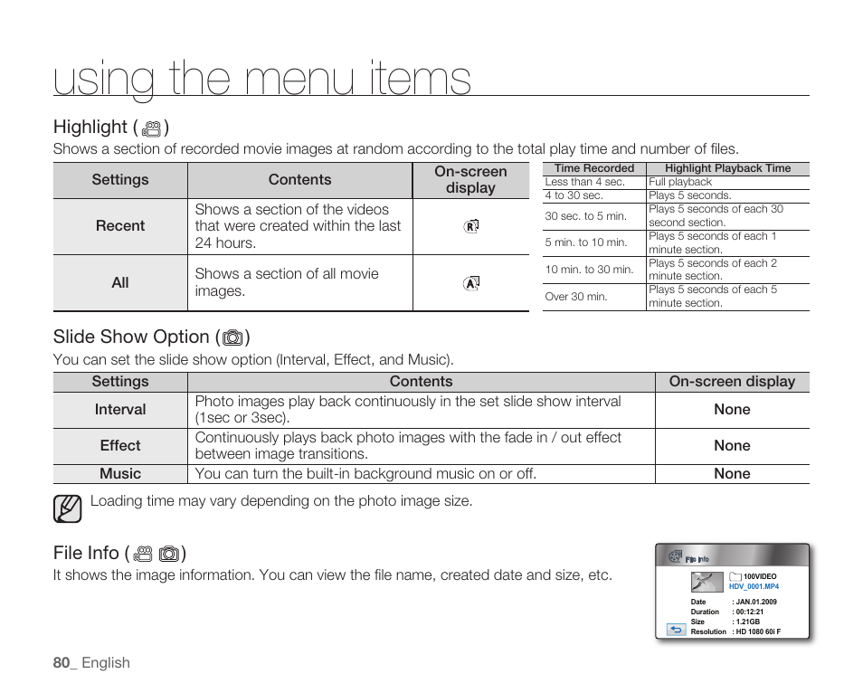 Using the menu items, Highlight ( ), Slide show option ( ) | File info ( ) | Samsung HMX-H104BN User Manual | Page 94 / 147