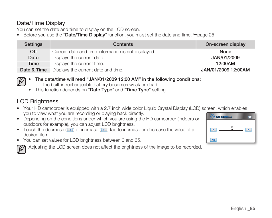 Date/time display, Lcd brightness | Samsung HMX-H104BN User Manual | Page 99 / 147