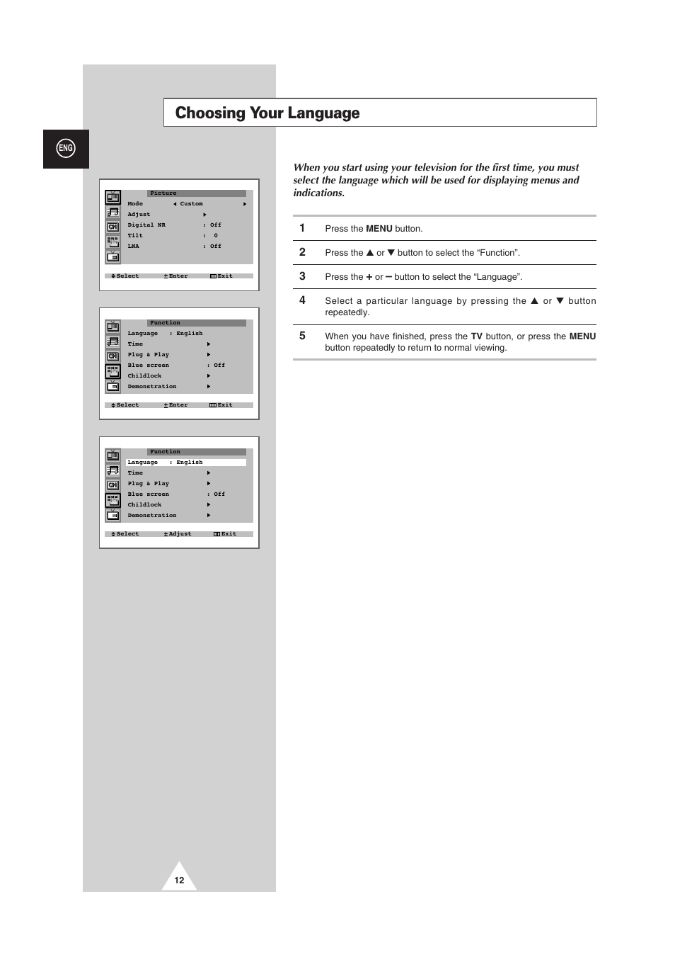 Choosing your language | Samsung 25A6 User Manual | Page 12 / 40