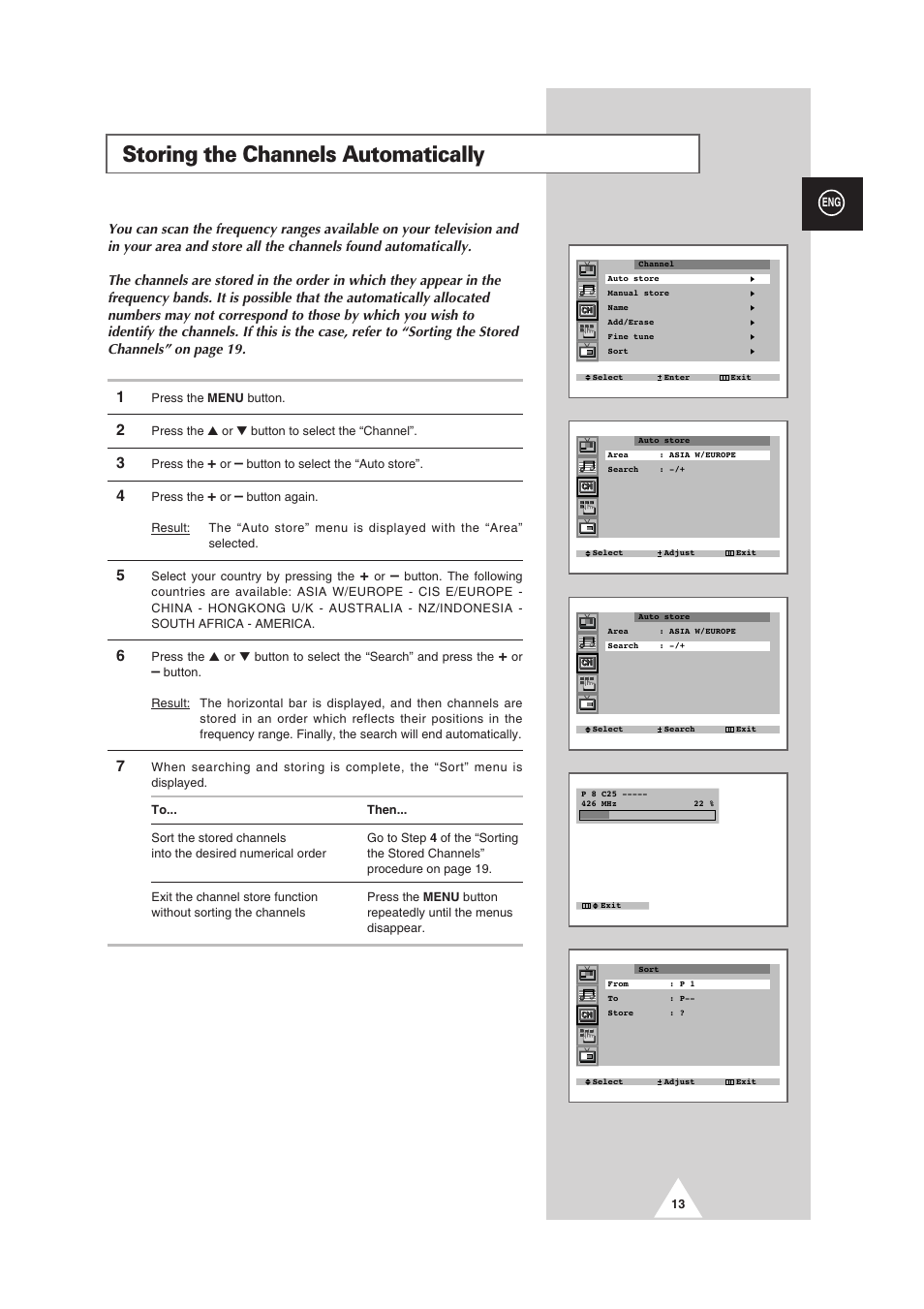 Storing the channels automatically | Samsung 25A6 User Manual | Page 13 / 40