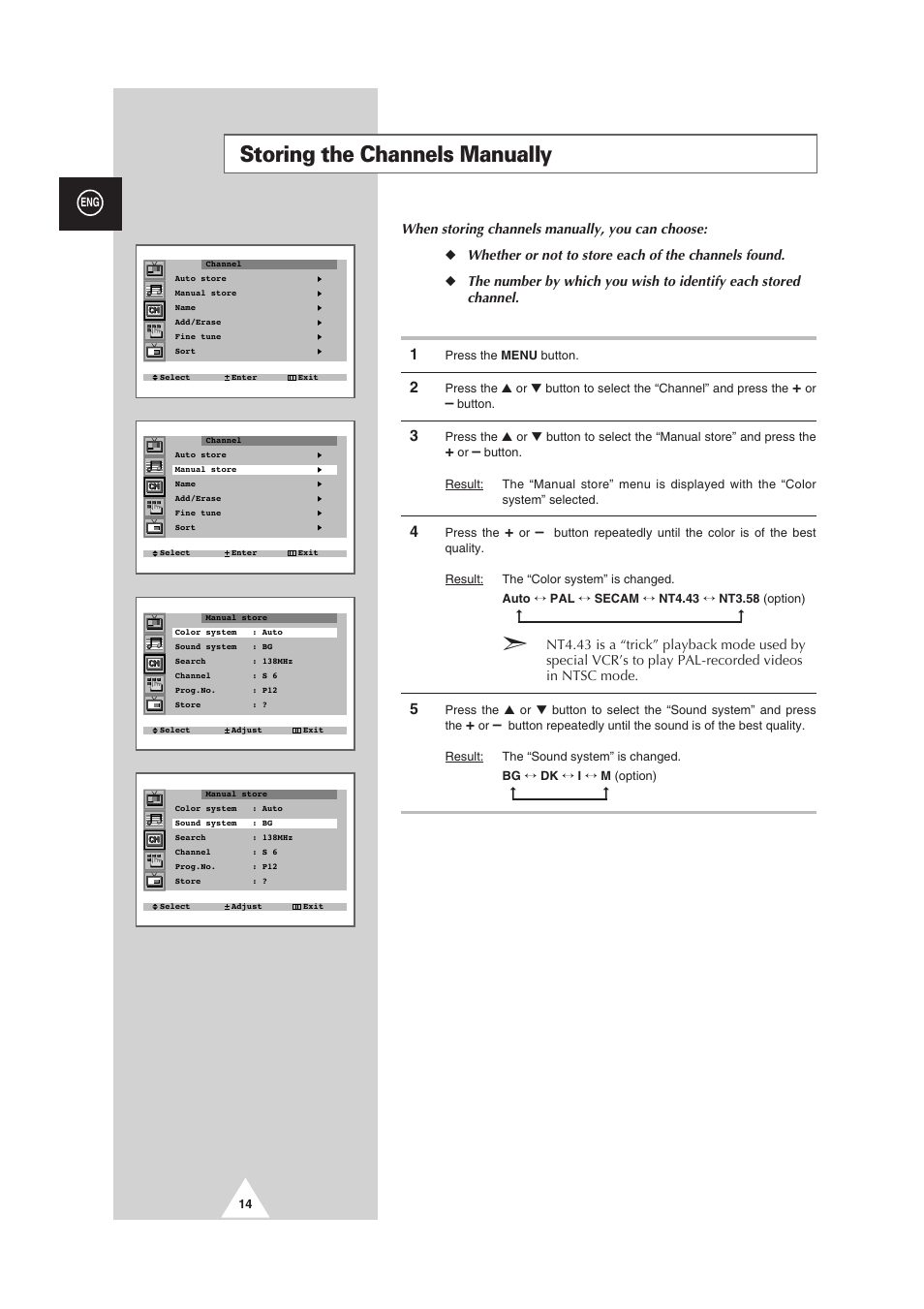 Storing the channels manually | Samsung 25A6 User Manual | Page 14 / 40