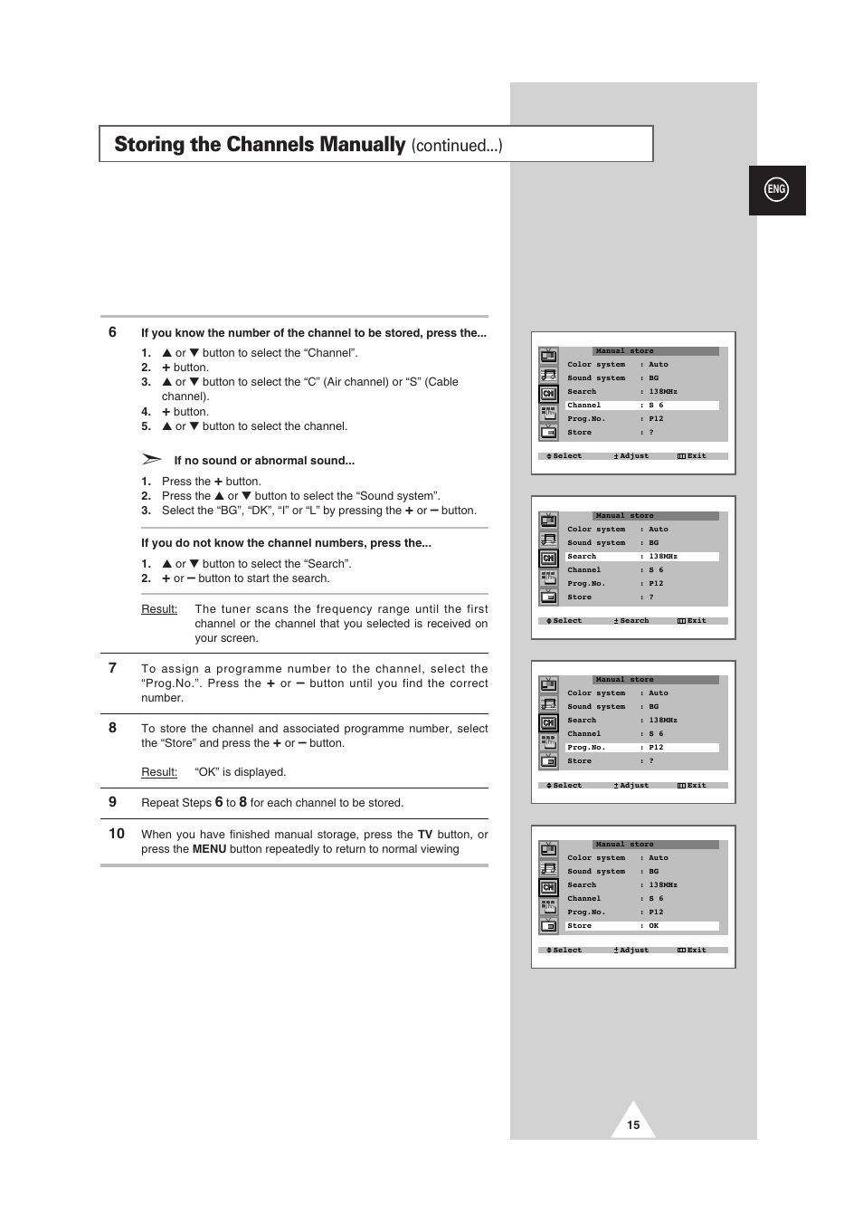 Storing the channels manually, Continued...) | Samsung 25A6 User Manual | Page 15 / 40