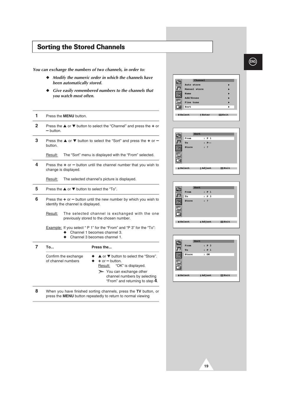 Sorting the stored channels | Samsung 25A6 User Manual | Page 19 / 40