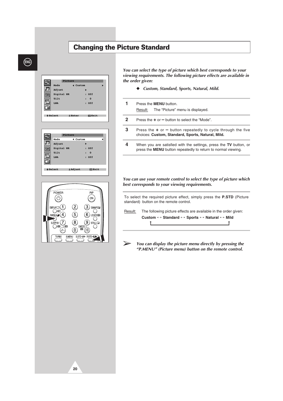 Changing the picture standard | Samsung 25A6 User Manual | Page 20 / 40