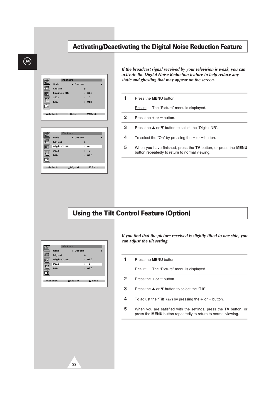 Using the tilt control feature (option) | Samsung 25A6 User Manual | Page 22 / 40