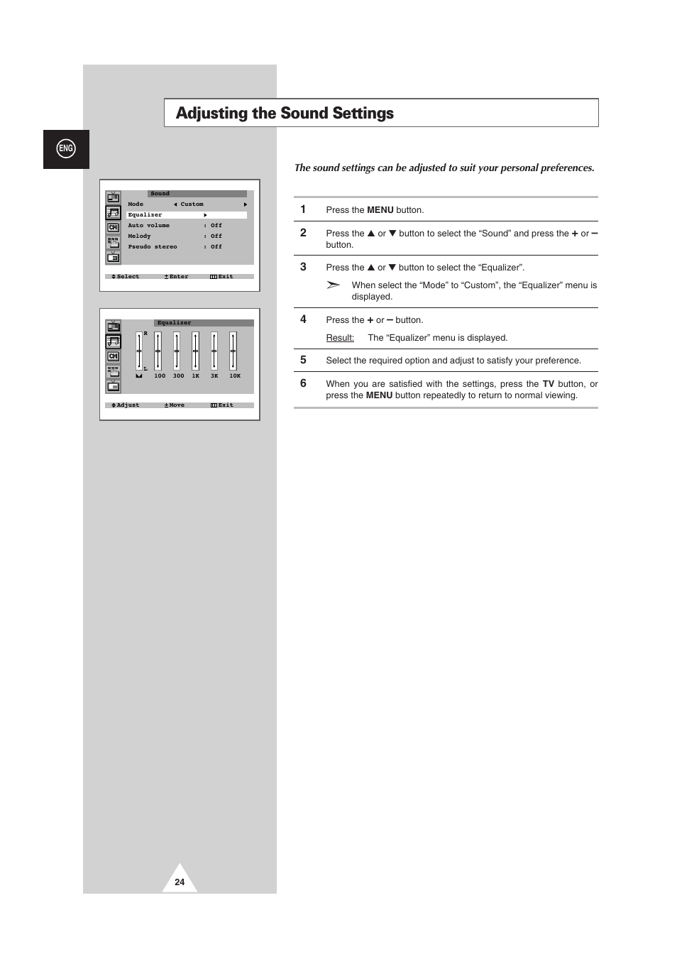 Adjusting the sound settings | Samsung 25A6 User Manual | Page 24 / 40