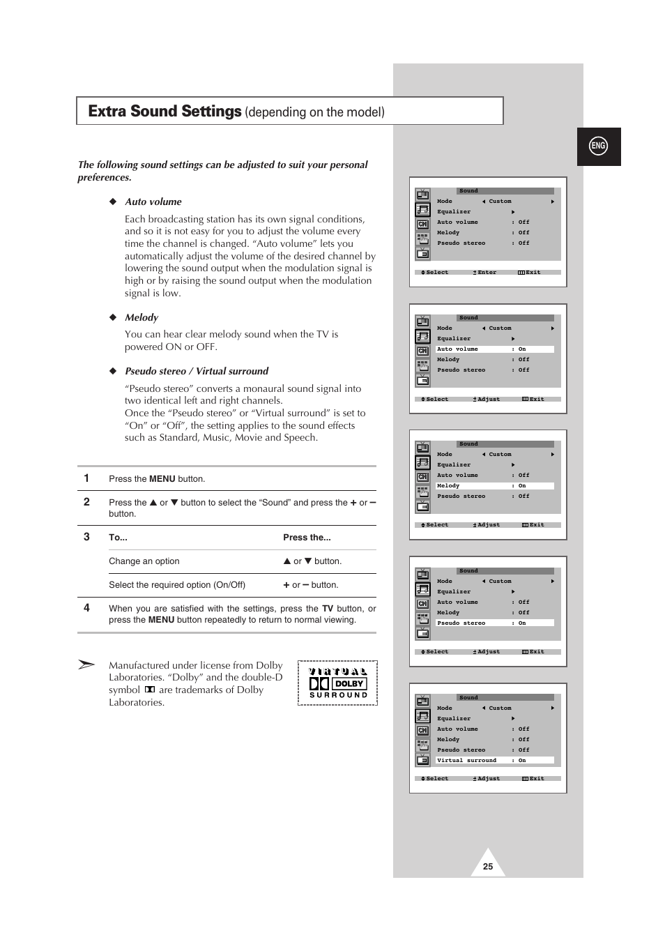 Extra sound settings, Depending on the model) | Samsung 25A6 User Manual | Page 25 / 40