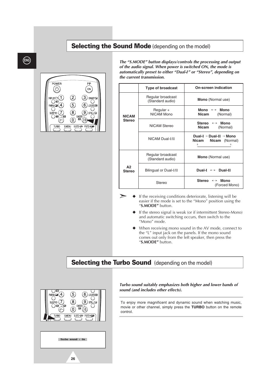 Selecting the sound mode, Selecting the turbo sound, Depending on the model) | Samsung 25A6 User Manual | Page 26 / 40