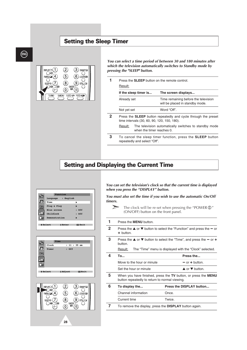Setting the sleep timer, Setting and displaying the current time | Samsung 25A6 User Manual | Page 28 / 40