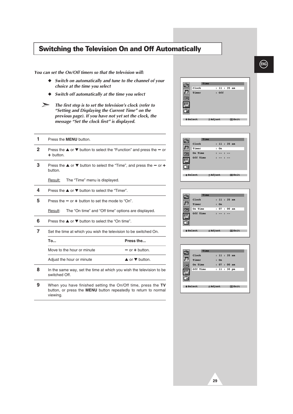 Switching the television on and off automatically | Samsung 25A6 User Manual | Page 29 / 40