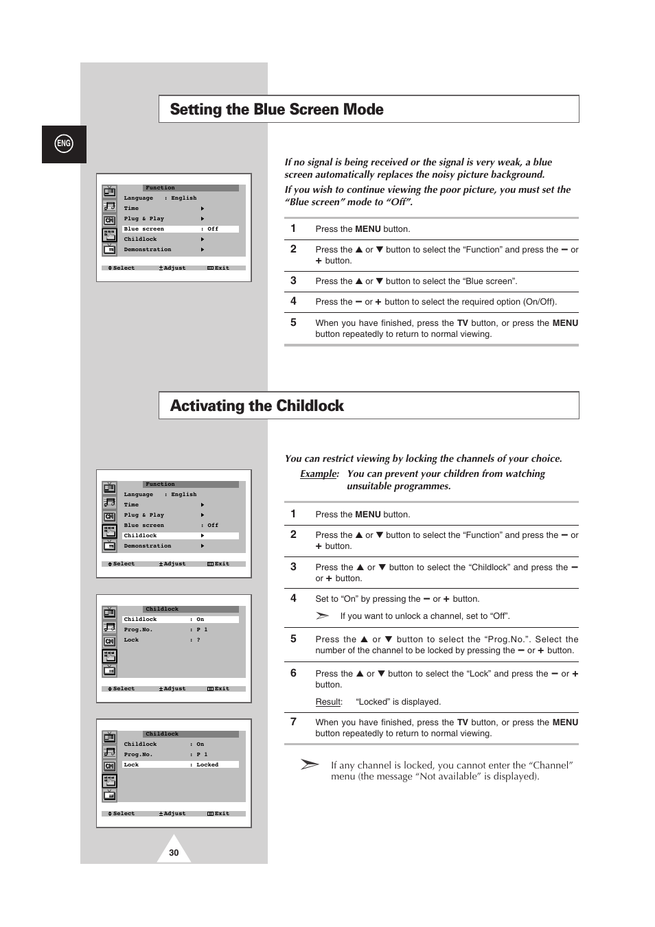 Setting the blue screen mode, Activating the childlock | Samsung 25A6 User Manual | Page 30 / 40