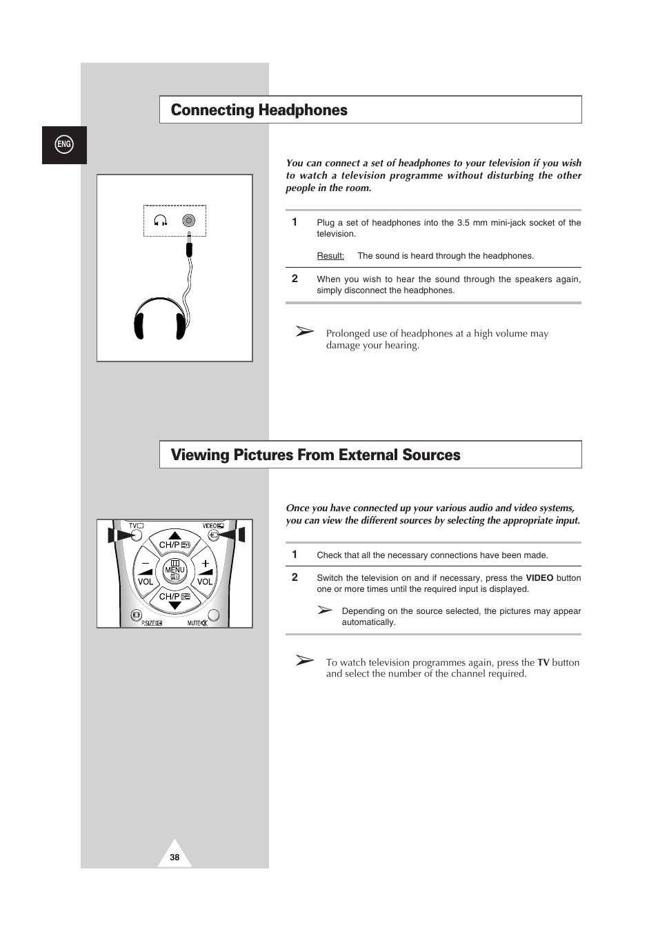 Viewing pictures from external sources, Connecting headphones | Samsung 25A6 User Manual | Page 38 / 40