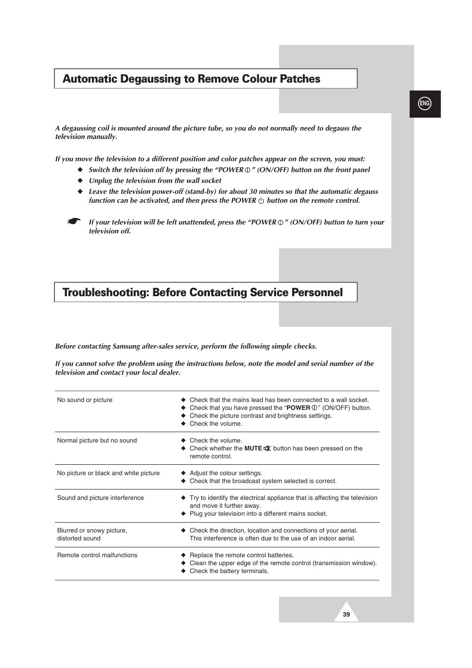 Automatic degaussing to remove colour patches | Samsung 25A6 User Manual | Page 39 / 40