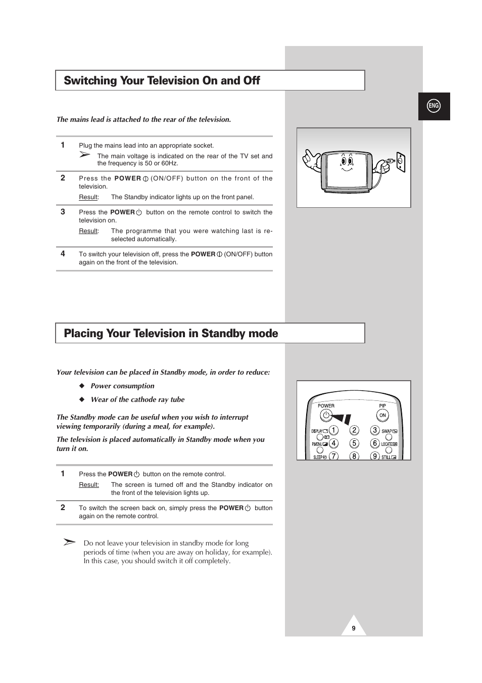 Placing your television in standby mode, Switching your television on and off | Samsung 25A6 User Manual | Page 9 / 40