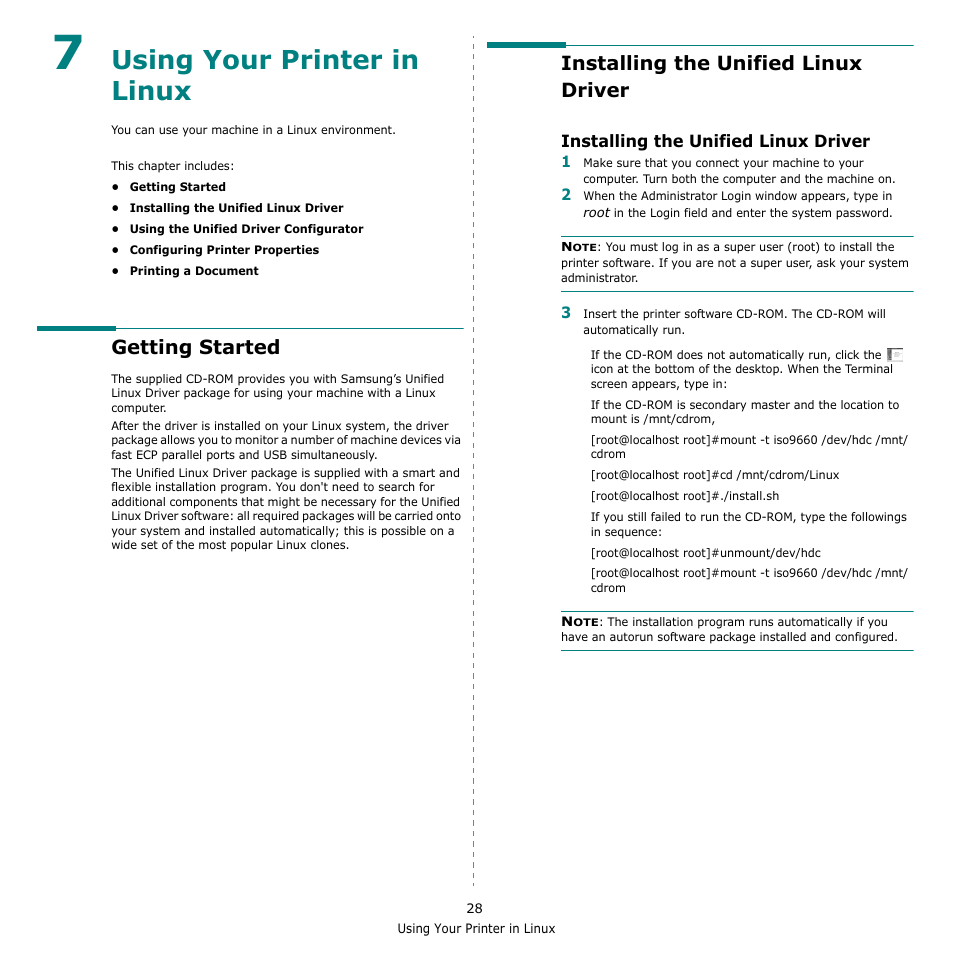 Using your printer in linux, Getting started, Installing the unified linux driver | Chapter 7 | Samsung CLP-610 User Manual | Page 100 / 111