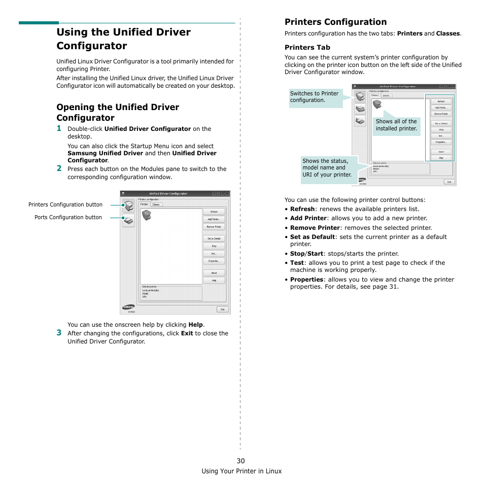 Using the unified driver configurator, Opening the unified driver configurator, Printers configuration | Samsung CLP-610 User Manual | Page 102 / 111