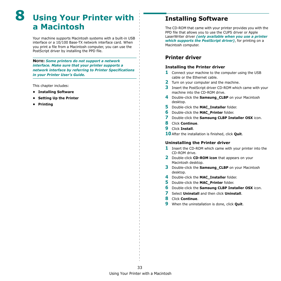 Using your printer with a macintosh, Installing software, Printer driver | Chapter 8 | Samsung CLP-610 User Manual | Page 105 / 111