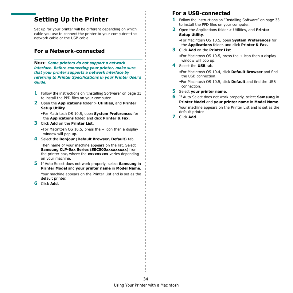 Setting up the printer, For a network-connected, For a usb-connected | For a network-connected for a usb-connected | Samsung CLP-610 User Manual | Page 106 / 111