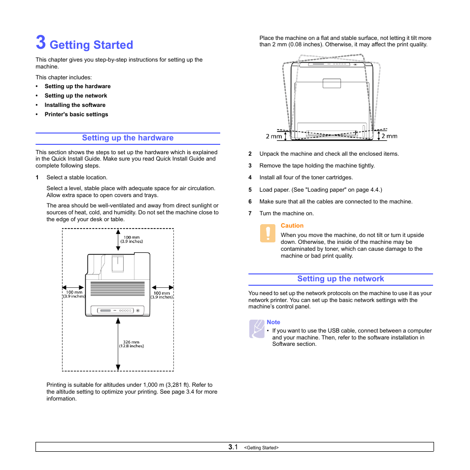 Getting started, Setting up the hardware, Setting up the network | Setting up the hardware setting up the network | Samsung CLP-610 User Manual | Page 24 / 111