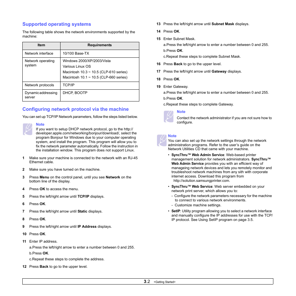 Supported operating systems, Configuring network protocol via the machine | Samsung CLP-610 User Manual | Page 25 / 111