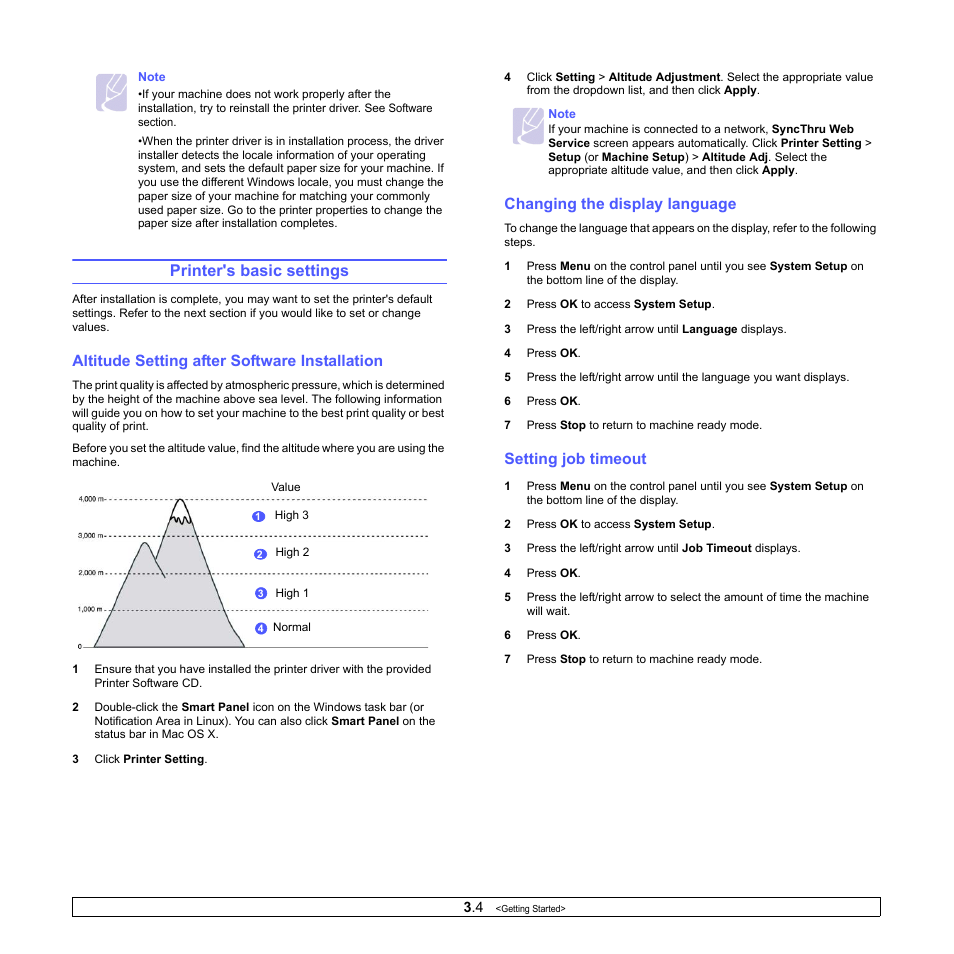 Printer's basic settings, Altitude setting after software installation, Changing the display language | Setting job timeout, 4 for, Age 3.4 for | Samsung CLP-610 User Manual | Page 27 / 111