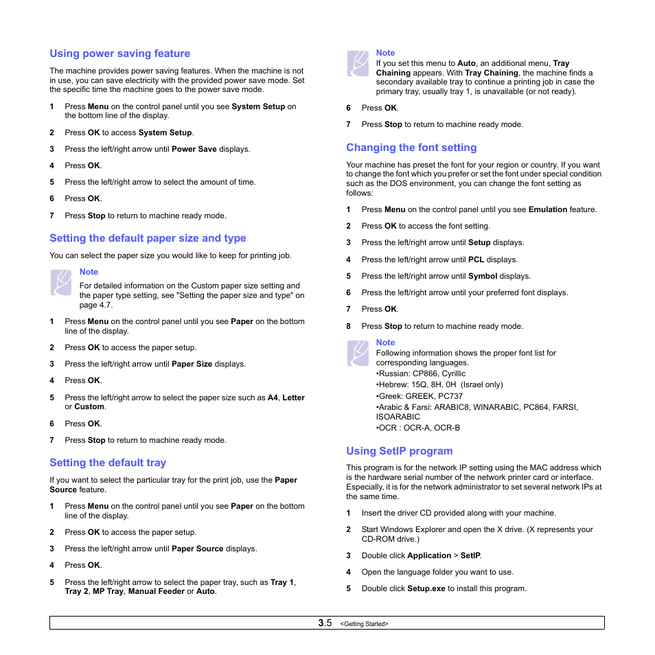 Using power saving feature, Setting the default paper size and type, Setting the default tray | Changing the font setting, Using setip program, Age 3.5, Age 3.5 for | Samsung CLP-610 User Manual | Page 28 / 111