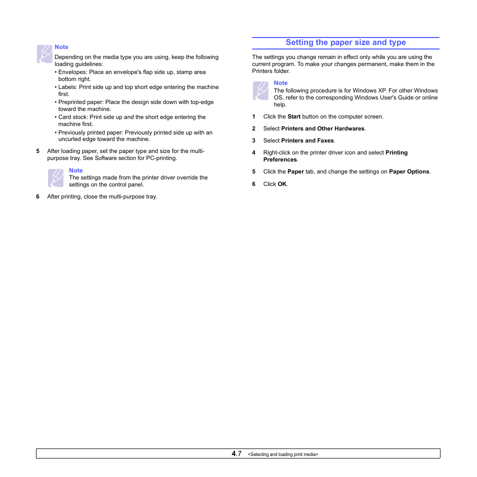 Setting the paper size and type | Samsung CLP-610 User Manual | Page 36 / 111