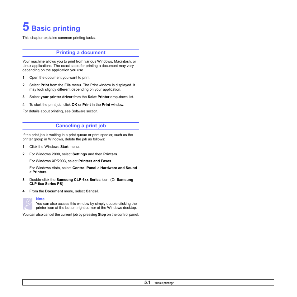 Basic printing, Printing a document, Canceling a print job | Printing a document canceling a print job | Samsung CLP-610 User Manual | Page 37 / 111