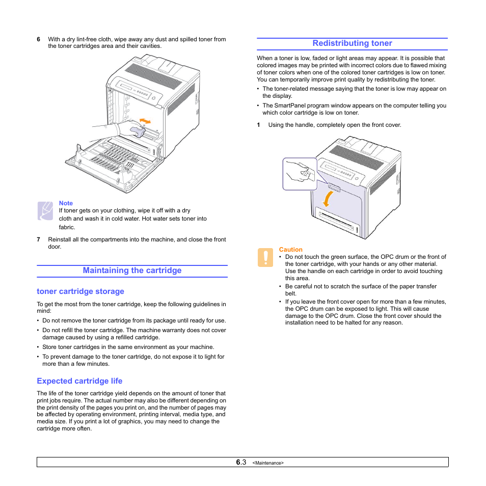 Maintaining the cartridge, Toner cartridge storage, Expected cartridge life | Redistributing toner, Toner cartridge storage expected cartridge life | Samsung CLP-610 User Manual | Page 40 / 111