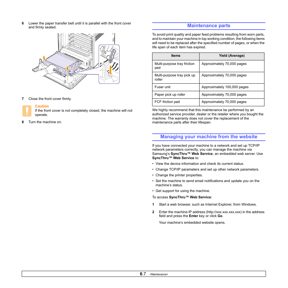 Maintenance parts, Managing your machine from the website | Samsung CLP-610 User Manual | Page 44 / 111