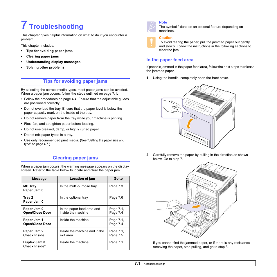 Troubleshooting, Tips for avoiding paper jams, Clearing paper jams | In the paper feed area, Tips for avoiding paper jams clearing paper jams, Ge 7.1 fo | Samsung CLP-610 User Manual | Page 45 / 111