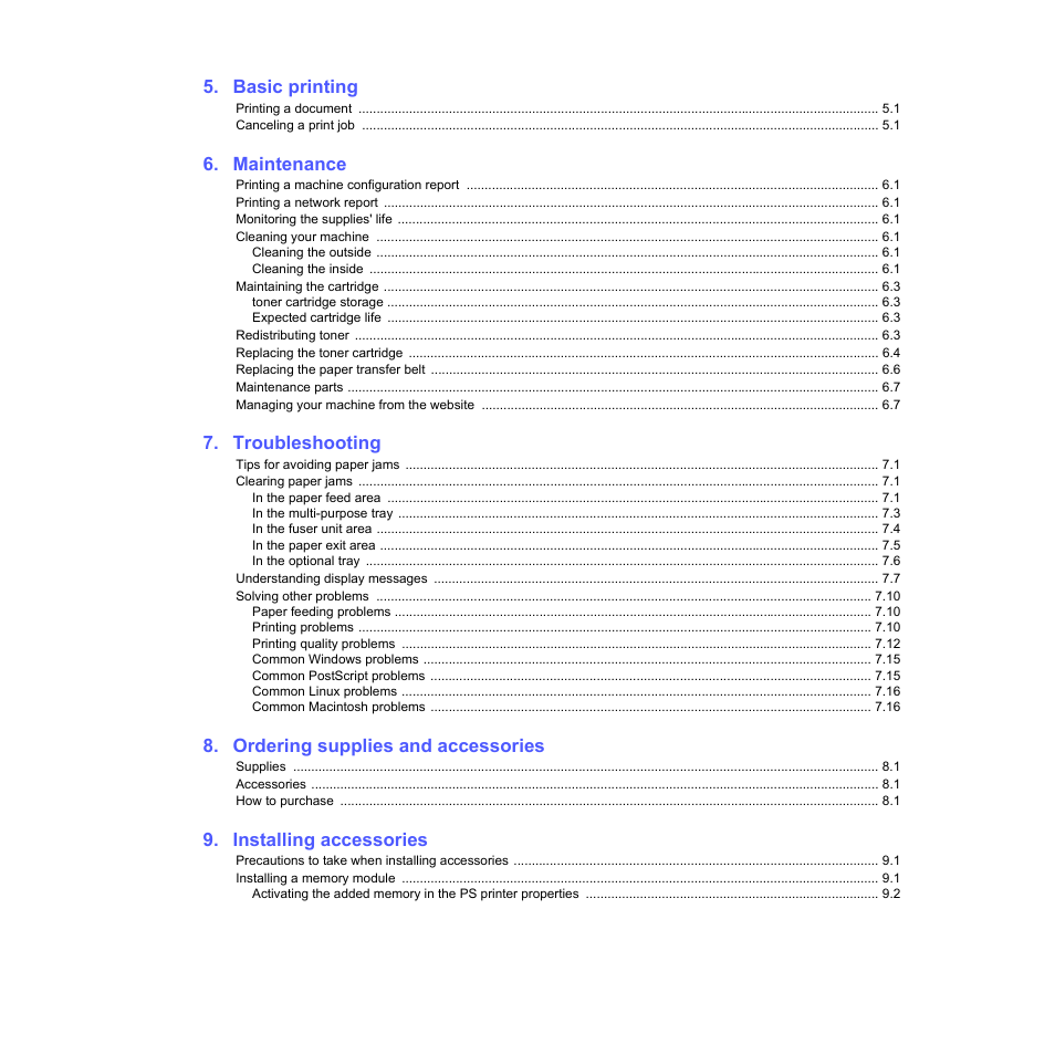 Basic printing, Maintenance, Troubleshooting | Ordering supplies and accessories, Installing accessories | Samsung CLP-610 User Manual | Page 6 / 111