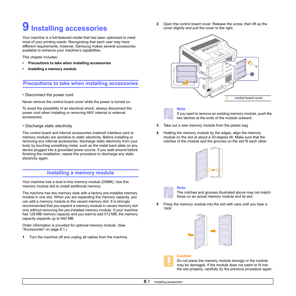 Installing accessories, Precautions to take when installing accessories, Installing a memory module | Samsung CLP-610 User Manual | Page 62 / 111