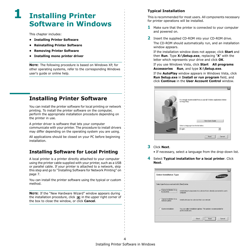Installing printer software in windows, Installing printer software, Installing software for local printing | Chapter 1 | Samsung CLP-610 User Manual | Page 76 / 111