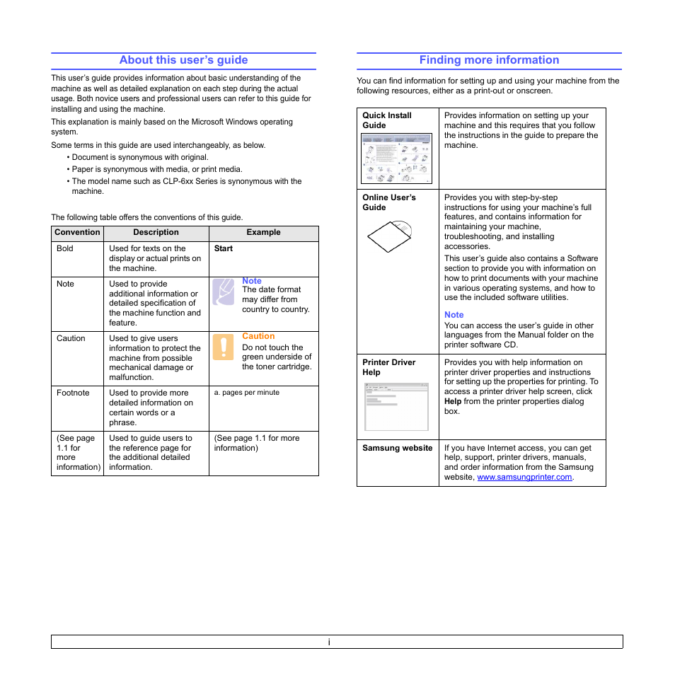 About this user’s guide, Finding more information | Samsung CLP-610 User Manual | Page 8 / 111