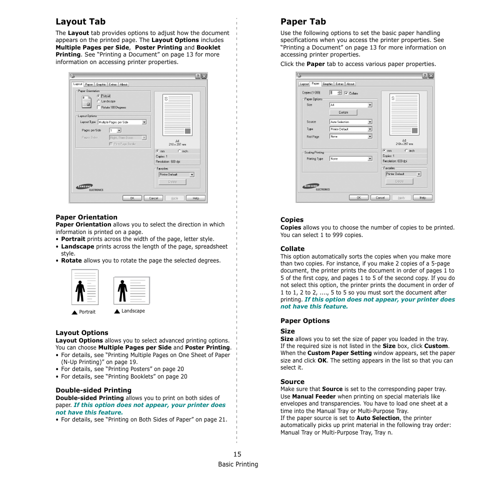 Layout tab, Paper tab, Layout tab paper tab | Layout tab - paper tab | Samsung CLP-610 User Manual | Page 87 / 111