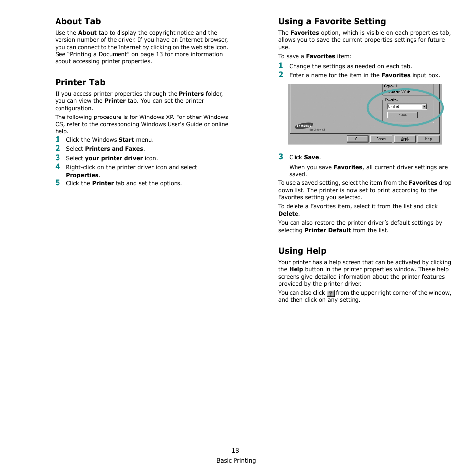 About tab, Printer tab, Using a favorite setting | Using help | Samsung CLP-610 User Manual | Page 90 / 111
