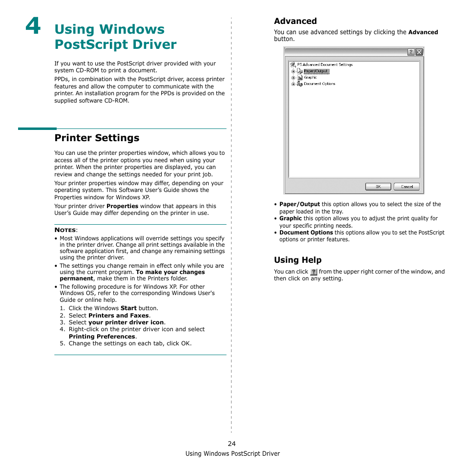 Using windows postscript driver, Printer settings, Advanced | Using help, Chapter 4, Advanced using help | Samsung CLP-610 User Manual | Page 96 / 111