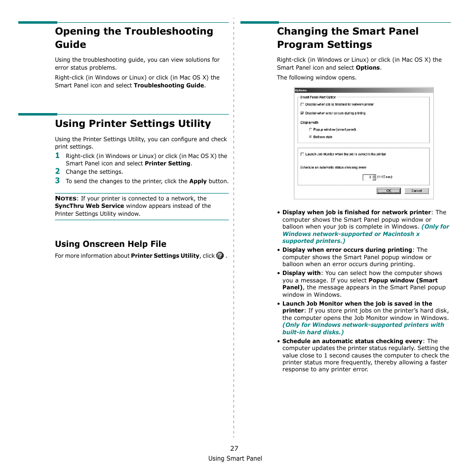 Opening the troubleshooting guide, Using printer settings utility, Using onscreen help file | Changing the smart panel program settings | Samsung CLP-610 User Manual | Page 99 / 111