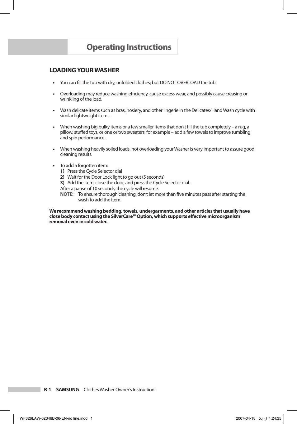 Operating instructions, Loading your washer | Samsung Owner's Manual User Manual | Page 10 / 32