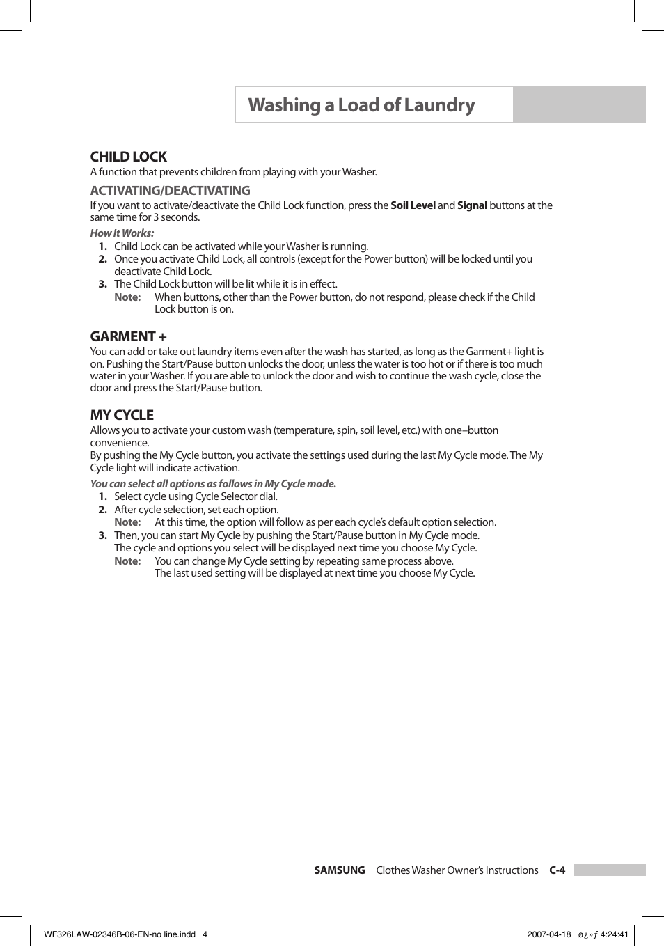 Washing a load of laundry, Child lock, Garment | My cycle | Samsung Owner's Manual User Manual | Page 15 / 32