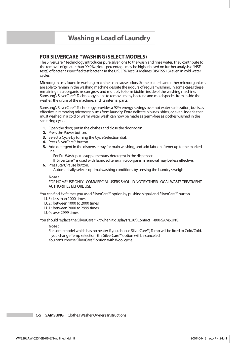 Washing a load of laundry, For silvercare™ washing (select models) | Samsung Owner's Manual User Manual | Page 16 / 32
