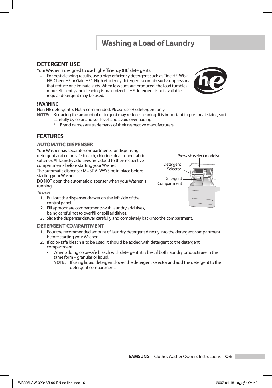 Washing a load of laundry, Detergent use, Features | Samsung Owner's Manual User Manual | Page 17 / 32