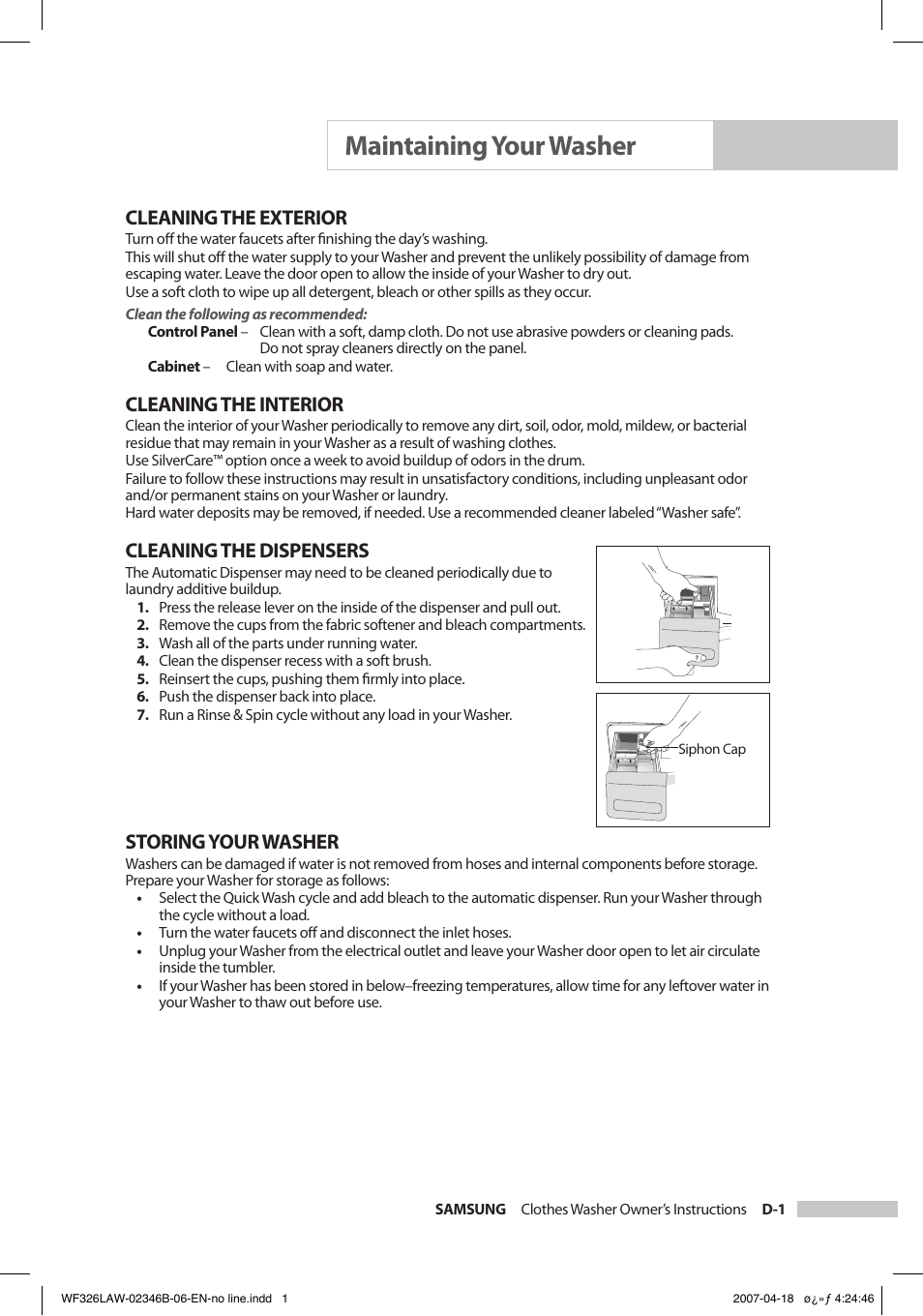 Maintaining your washer, Cleaning the exterior, Cleaning the interior | Cleaning the dispensers, Storing your washer | Samsung Owner's Manual User Manual | Page 19 / 32