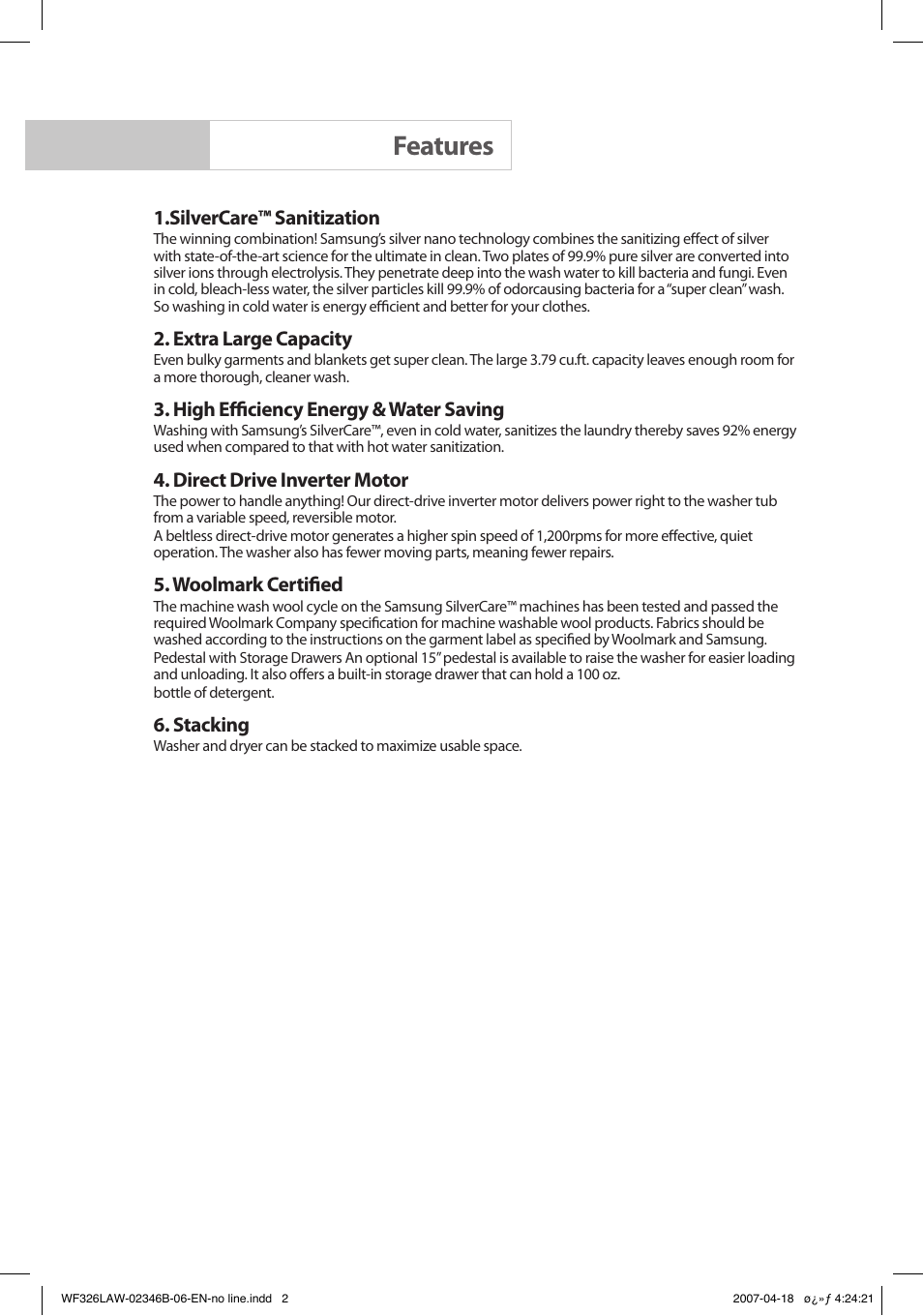 Features, Silvercare™ sanitization, Extra large capacity | High eﬃciency energy & water saving, Direct drive inverter motor, Woolmark certiﬁed, Stacking | Samsung Owner's Manual User Manual | Page 2 / 32