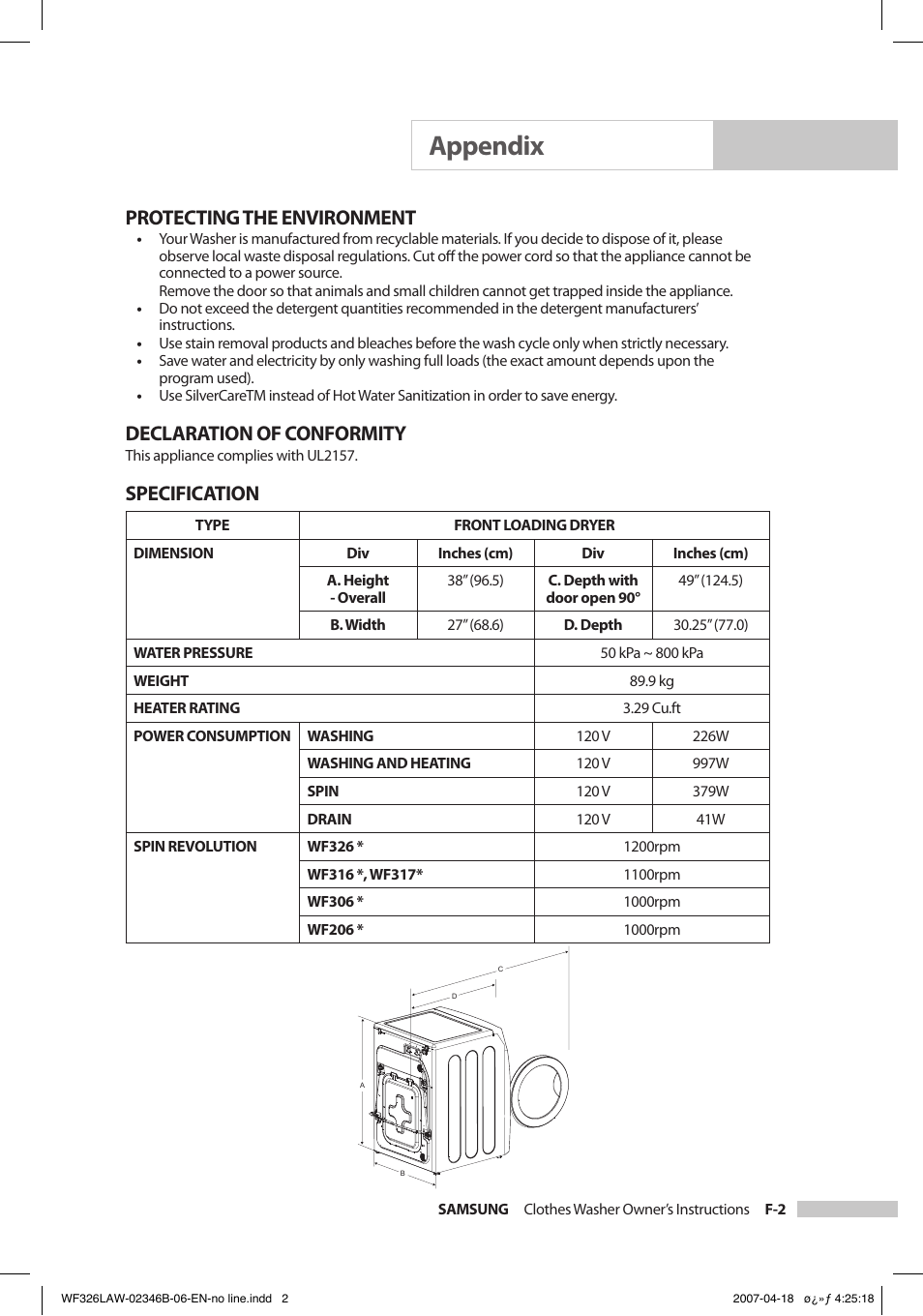 Appendix, Protecting the environment, Declaration of conformity | Specification | Samsung Owner's Manual User Manual | Page 25 / 32