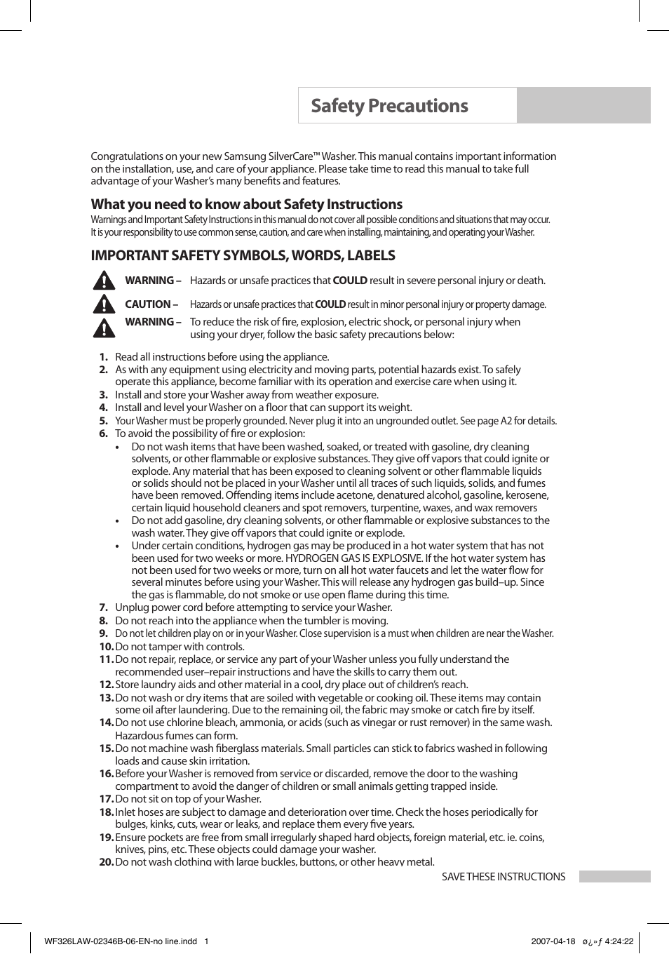 Safety precautions, What you need to know about safety instructions, Important safety symbols, words, labels | Samsung Owner's Manual User Manual | Page 3 / 32