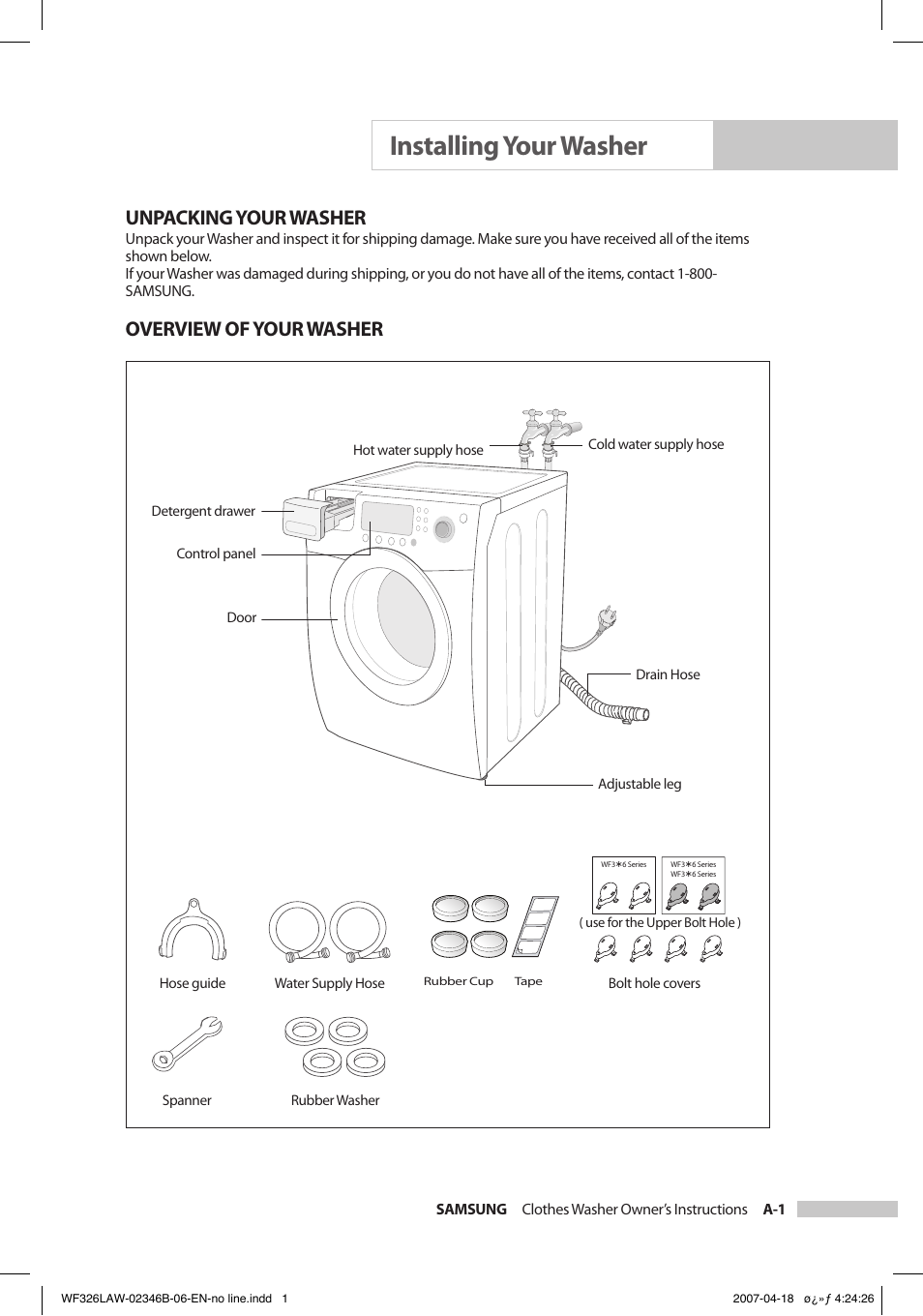 Installing your washer, Unpacking your washer, Overview of your washer | Samsung Owner's Manual User Manual | Page 5 / 32
