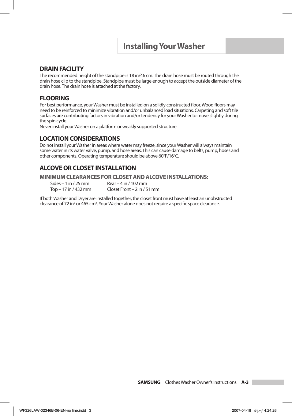 Installing your washer, Drain facility, Flooring | Location considerations, Alcove or closet installation | Samsung Owner's Manual User Manual | Page 7 / 32