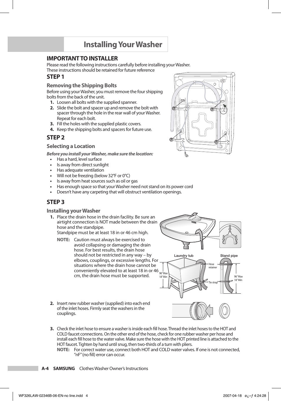 Installing your washer, Important to installer, Step 1 | Step 2, Step 3 | Samsung Owner's Manual User Manual | Page 8 / 32